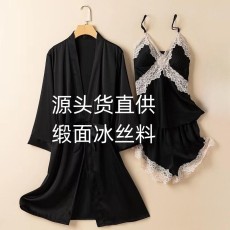 批发直播爆款<b class='q'>吊带</b>短裤外袍三件套夏季睡衣缎面冰丝蕾丝花边网红家居服