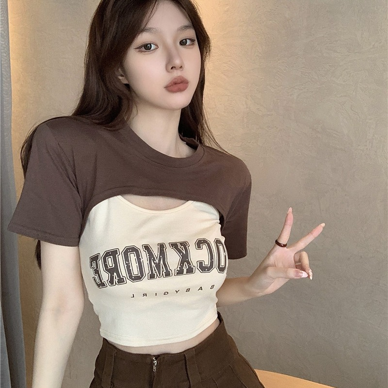 Brown shawl coat two-piece summer blouse top women's casual all-match suspenders sexy