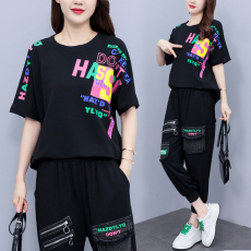 批发实拍 <b class='q'>夏</b>季新款套装女 宽松拼接牛仔印花短袖两件套潮流大码女装