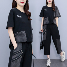 批发实拍 <b class='q'>夏</b>季套装女 胖MM宽松拼接牛仔短袖两件套潮流新款大码女装