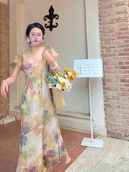 RM14828#花园油画裙 法式仙女高级感压皱设计连衣裙雪纺显瘦夏季