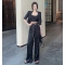 实拍夏季黑色缎面印花西装短外套+吊背+裤阔腿裤腰链套装时尚炸街轮播图2