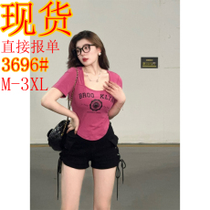 批发小九stduio夏日多巴胺辣妹性感上衣夏季印花字母短袖方领T恤