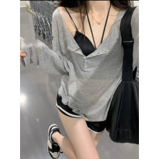 批发大码甜辣设计感小众V领防晒衫上衣女夏薄款宽松长袖中长款打底T恤