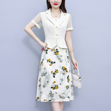 批发假两件拼接<b class='q'>时尚</b>印花连衣裙女夏季新款<b class='q'>潮流</b>显瘦甜美方领名媛A字裙