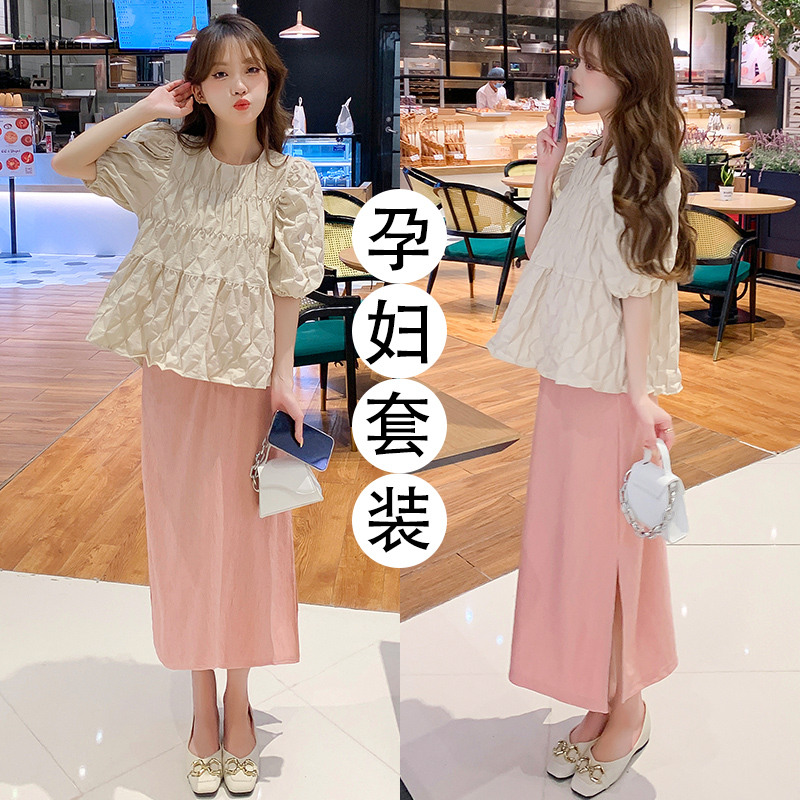 주간 고양이 품질 실사 여름 다용도 임산부 프랑스식 디자인 센스 주름 거품 소매 맨위 분말 트임 롱 스커트