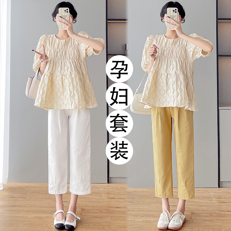 주간 고양이 품질 실사 여름 다용도 임산부 프랑스식 디자인 센스 주름 거품 소매 맨위 9 포인트 하렘 바지