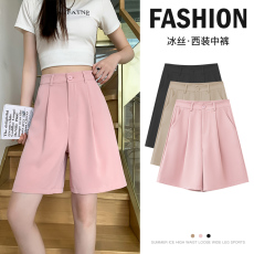 批发实拍西装<b class='q'>短裤</b>女夏季薄款宽松休闲阔腿高腰直筒a字显瘦5五分裤中裤