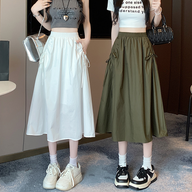 Elastic waist, versatile solid color lace-up drawstring pockets mid-length pure cotton workwear a-line skirt