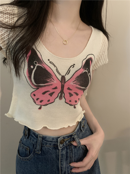 RM15180#夏季新款蝴蝶印花设计感木耳边针织衫短袖女上衣