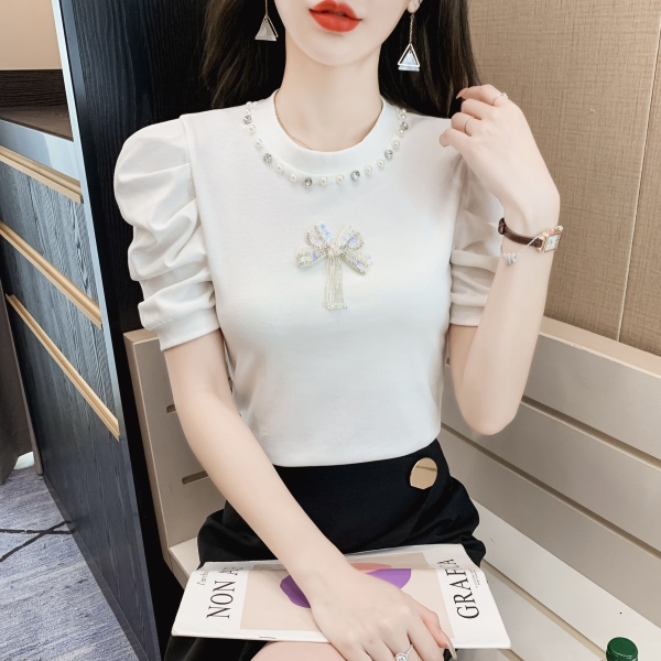 RM15353#夏季新款韩版修身圆领泡泡袖重工钉珠 T恤上衣
