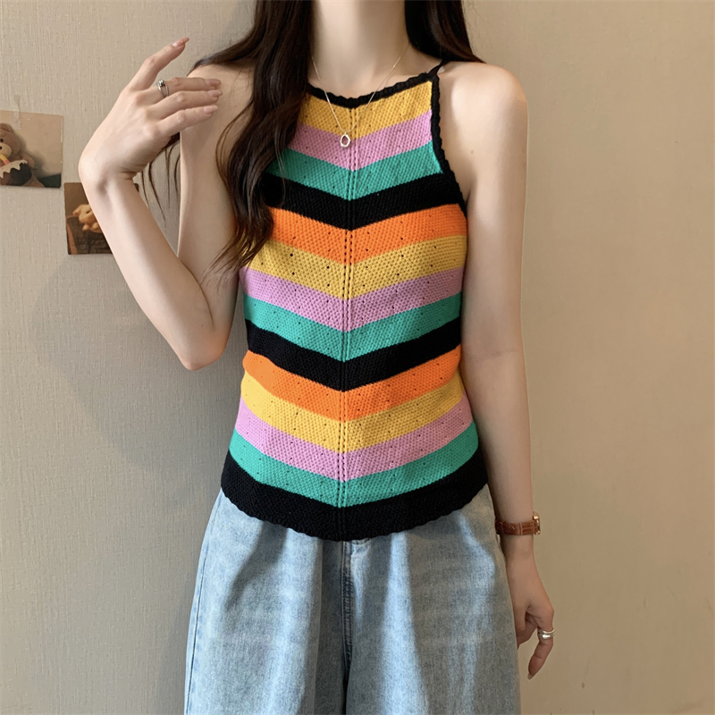 Real shot real price spring and summer rainbow striped halter neck style open back knitted sweater vest suspenders slim bottoming top