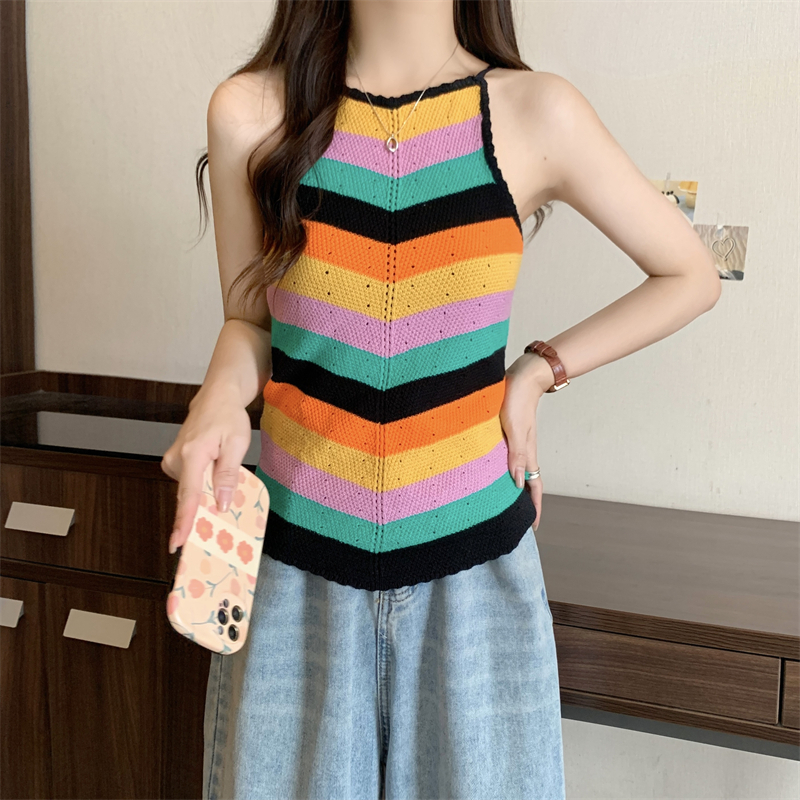 Real shot real price spring and summer rainbow striped halter neck style open back knitted sweater vest suspenders slim bottoming top