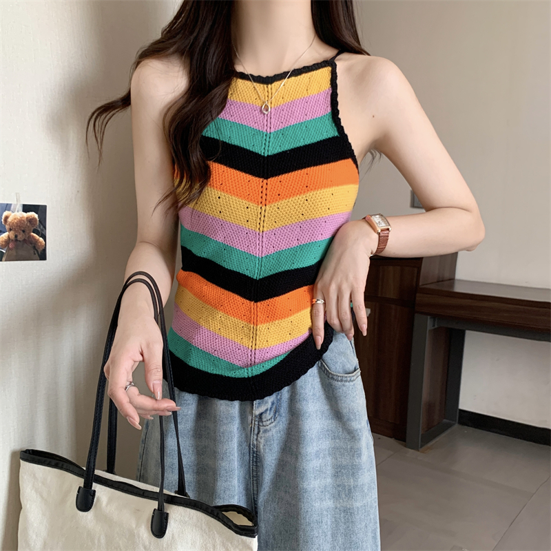 Real shot real price spring and summer rainbow striped halter neck style open back knitted sweater vest suspenders slim bottoming top