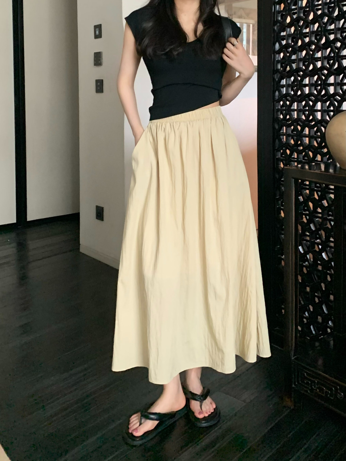 Pleated mid-length skirt for women summer  new retro high waist slim elastic waist A-line skirt umbrella skirt