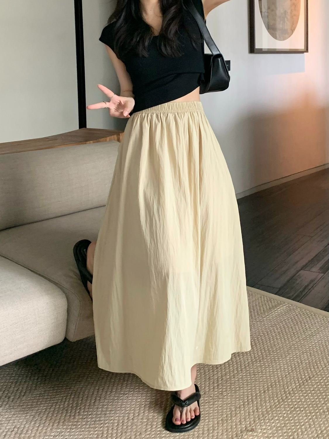 Pleated mid-length skirt for women summer  new retro high waist slim elastic waist A-line skirt umbrella skirt