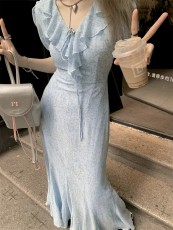 微胖大码小清新海边度假温柔风碎花裙连衣裙女春夏长款荷叶边裙子