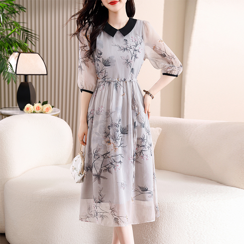 PF7431#中式夏季短袖真丝雪纺印花收腰气质连衣裙长款女装