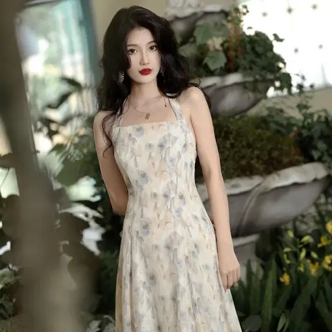Mercury 2w+ Watercolor Printing Holiday Wind Hanging Neck Backless Long Dress Female Summer Dress Beach