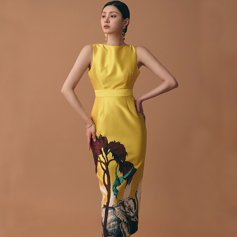 PF4823#夏季新款韩版时尚气质圆领法式优雅复古印花中长款包臀连衣裙