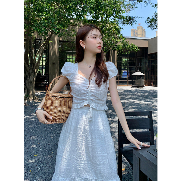 RM22768#夏季新款法式优雅纯色刺绣上衣+半身裙两件套女时尚套装