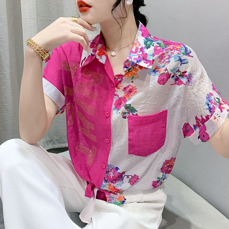 RY182# 2026夏季新款宽松印花拼色字母衬衫女装短袖时尚百搭上衣