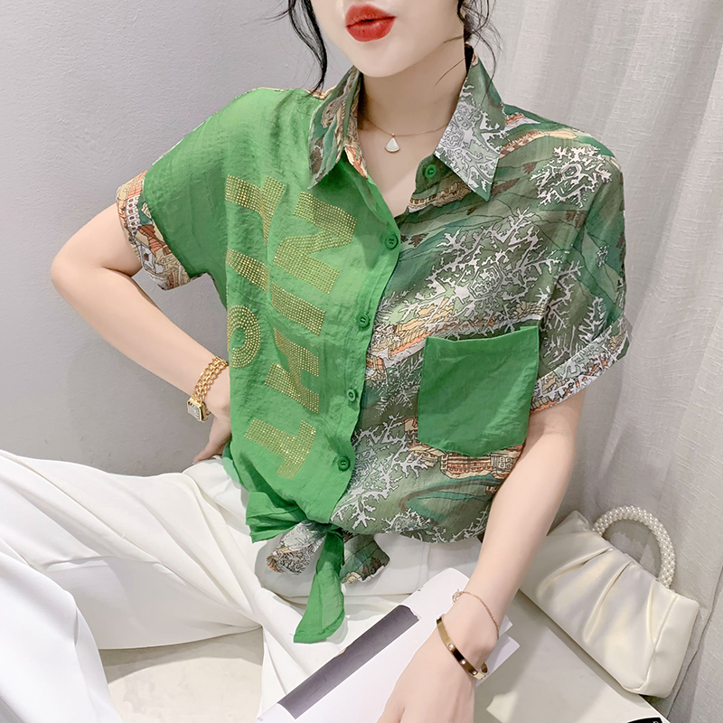 RY181# 2026夏季新款宽松印花拼色字母衬衫女装短袖时尚百搭上衣