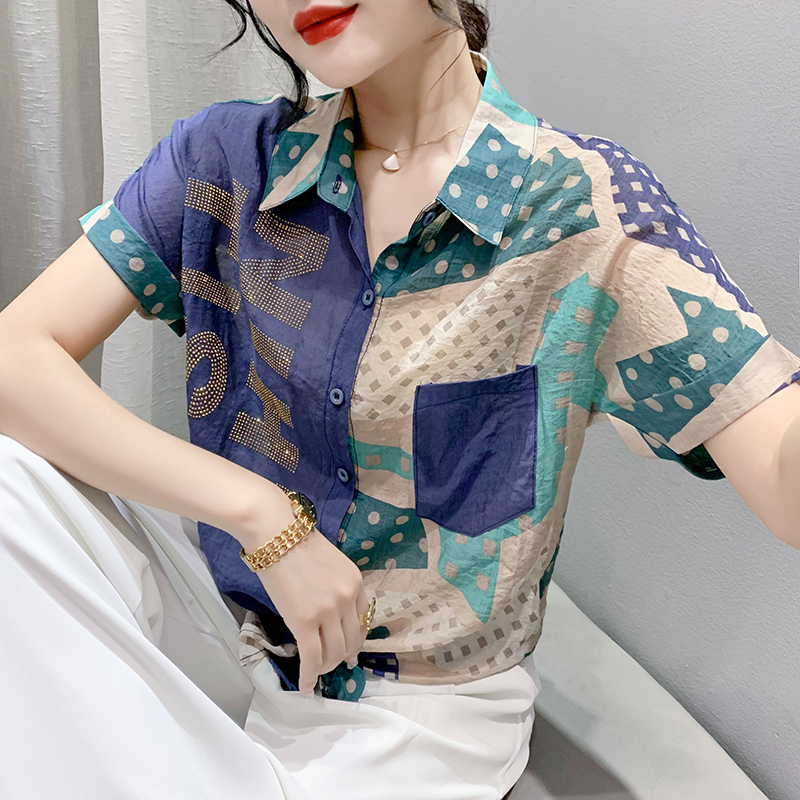 RY180# 2026夏季新款宽松印花拼色字母衬衫女装短袖时尚百搭上衣