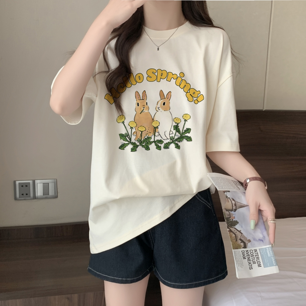100% cotton combed cotton printed summer short-sleeved T-shirt for women loose Korean version