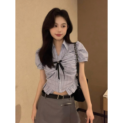 设计学院风收腰衬衫蝴蝶结上衣纯欲T恤衫衣