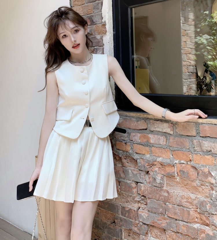 Real price real price summer new temperament single-breasted vest vest top women + high waist pleated skirt suit