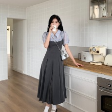 批发<b class='q'>实拍</b> <b class='q'>大码</b><b class='q'>女装</b>夏季胖MM灰色气质衬衫领假两件a字裙减龄显瘦连衣裙