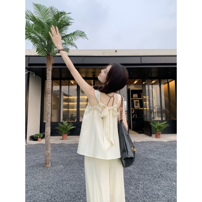 实拍实价~松弛感穿搭后背绑带亚麻上衣裤子套装女夏装新款两件套