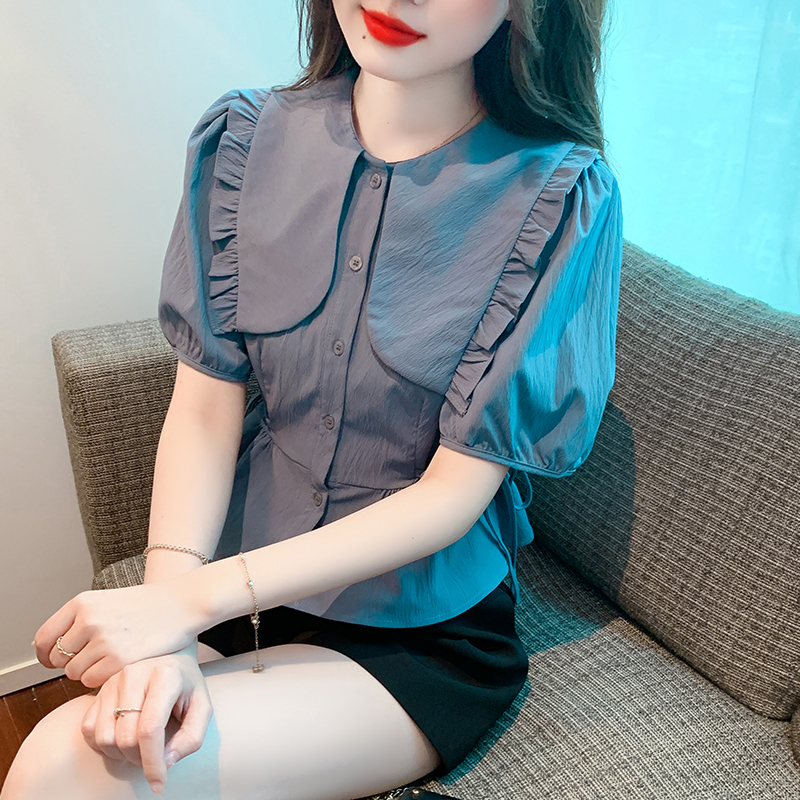 大翻领短袖衬衫衬衫女夏季新款时...