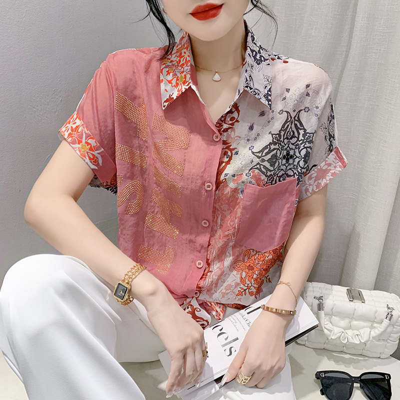 RY179# 2026夏季新款宽松印花拼色字母衬衫女装短袖时尚百搭上衣