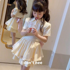 批发<b class='q'>女</b><b class='q'>童</b><b class='q'>夏季</b>短袖裙子套装2023POLO领T恤女孩蝴蝶结儿童蛋糕裙两件套