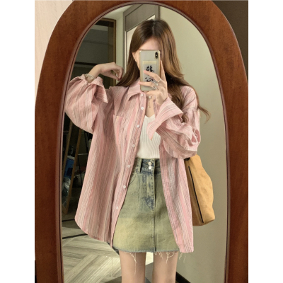 宽松条纹粉色亚麻衬衫女上衣防晒衬衣夏新款