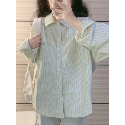 薄荷绿条纹衬衫女春夏新款内搭外穿日系长袖上衣宽松衬衣防晒开衫