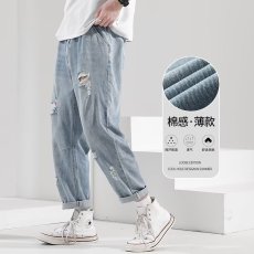 批发牛仔裤男夏季薄款宽松大码九分裤浅色破洞哈伦裤潮流百搭休闲裤子