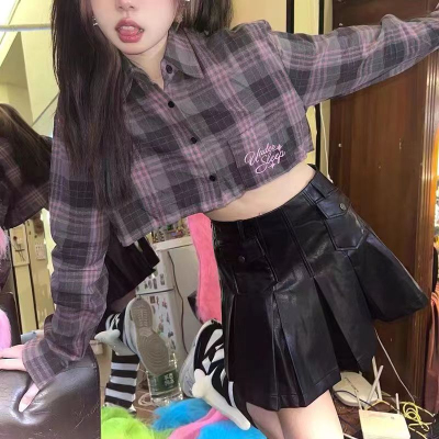 2023新款女夏辣妹女长袖衬衫格子刺绣气质显瘦短款露脐衬衣ins潮
