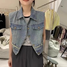 批发港风复古垫肩须须牛仔<b class='q'>马甲</b>女2023夏季网红短款小个子无袖衬衫<b class='q'>马夹</b>