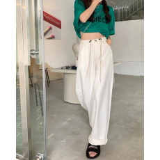 批发松紧腰抽绳直筒<b class='q'>牛仔裤</b>女夏季高腰垂感宽松休闲阔腿<b class='q'>白色</b>拖地长裤子