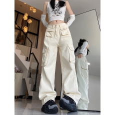 批发实拍实价！！！工装裤女款多口袋高腰阔腿牛仔长裤女小众设计感潮