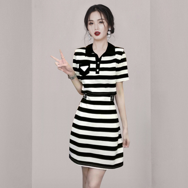 RM19854#夏季新款韩版休闲翻领短袖收腰显瘦条纹小个子气质连衣裙