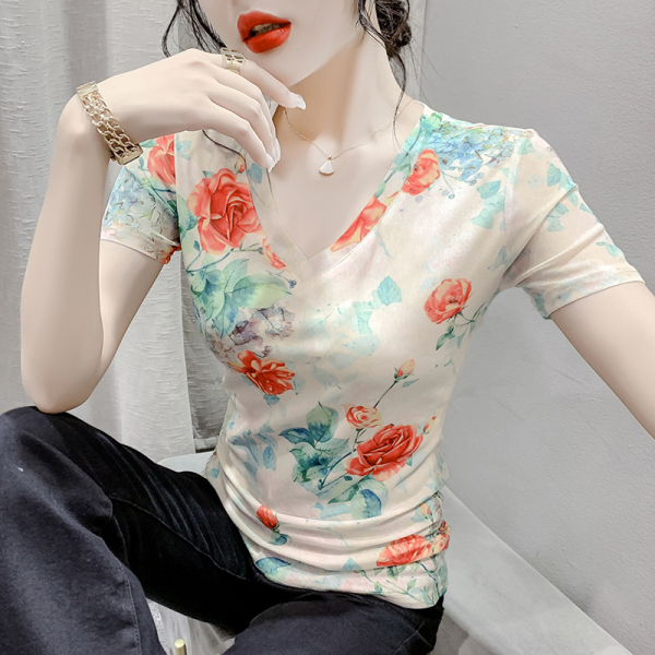 RM23865#夏季时尚纱网印花定位花短袖V领修身显瘦洋气上衣潮