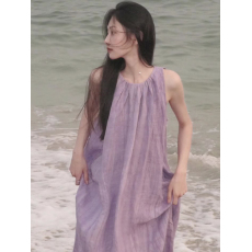 批发紫色无袖背心吊带棉麻连衣裙女夏季裙子茶歇法式海边度假<b class='q'>长裙</b>