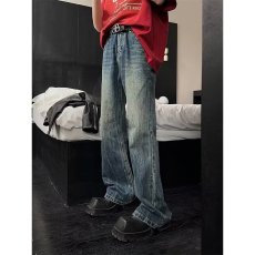 批发复古做旧牛仔裤男喇叭裤宽松百搭春<b class='q'>秋</b>高腰休闲垂坠设计感拖地长裤