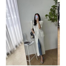 批发现货   韩国东大门长款V领排扣时髦垫肩短袖针织开衫
