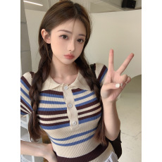 批发实拍～辣妹短款条纹polo领冰丝针织衫短袖上衣女夏设计