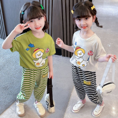 批发女童运动套装夏2023<b class='q'>新款</b>儿童条纹洋气短袖恤中小童休闲两件套